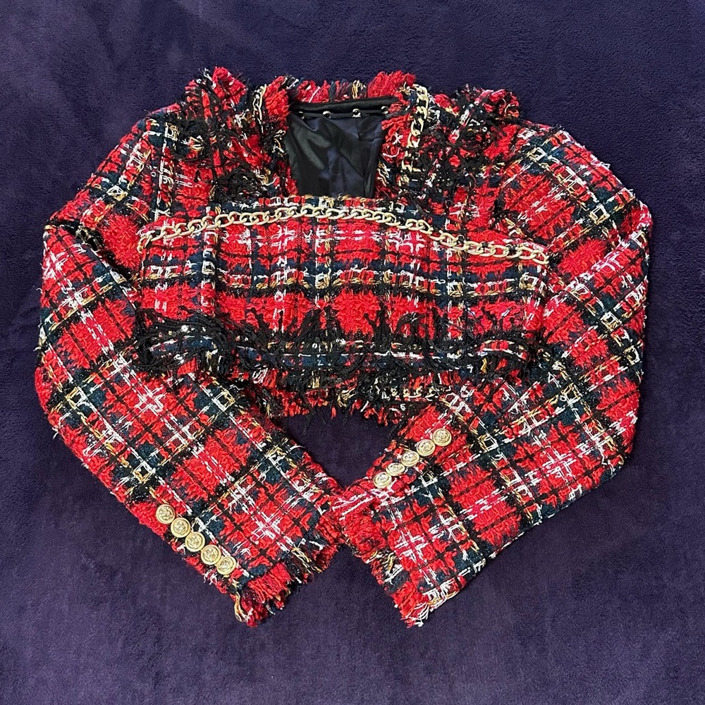 Red & Black Tweed Cropped Jacket Set | Size M